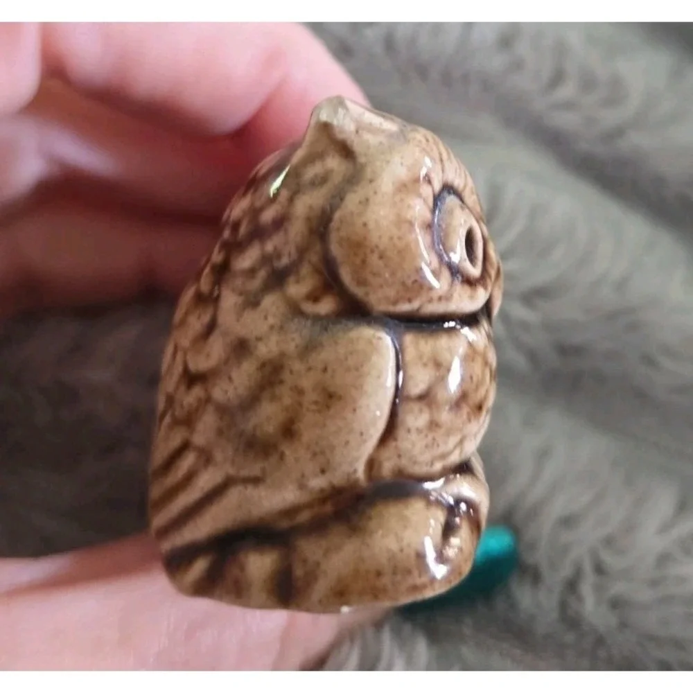 Miniature Owl Figurine Owl Pair Carved detail Ceramic 1.5